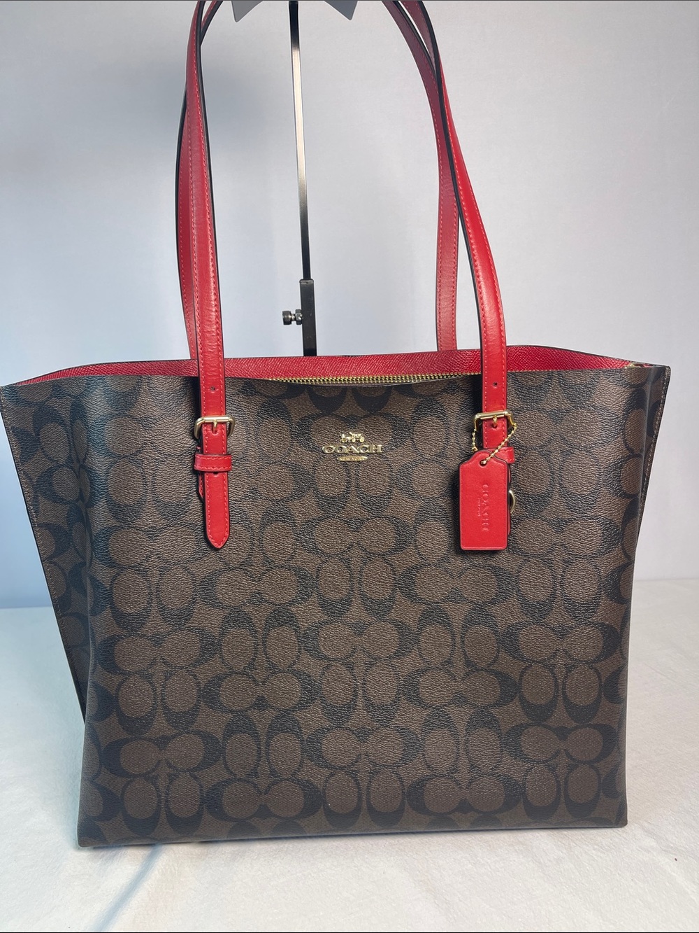 Coach Molly Tote L2377-1665 Signature Canvas Brown Red Leather